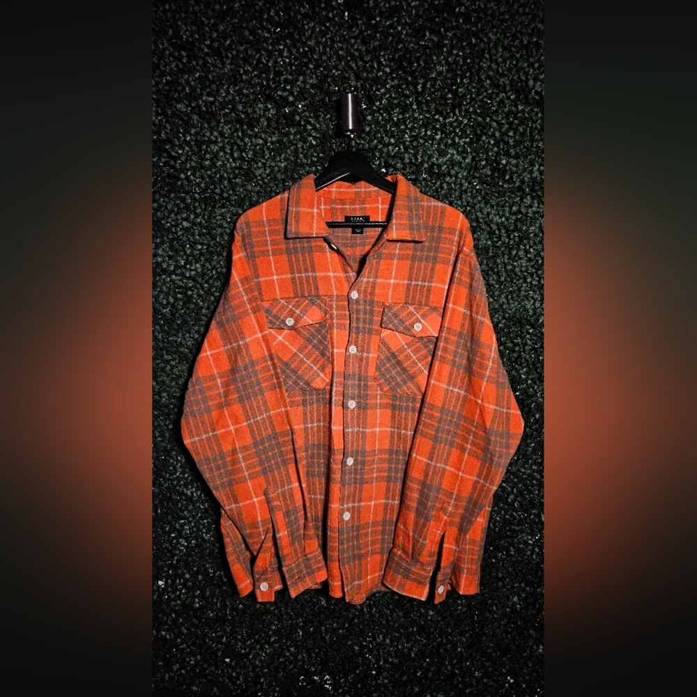 Boohoo Mens Orange Plaid Casual Button Down Shirt